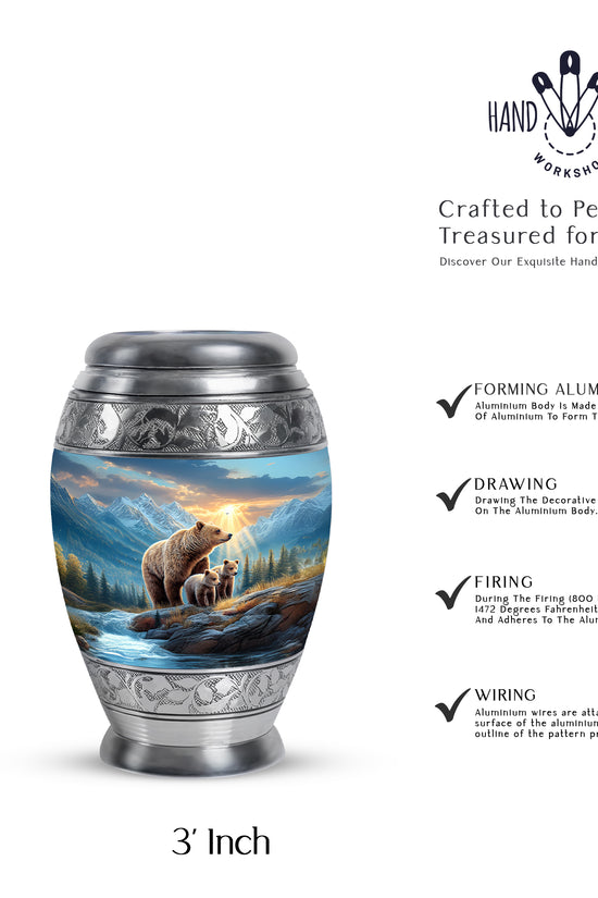 Twilight Blue Bear Cremation Urn lifestyle display on memorial shelf - royal bear engraving with decorative scrollwork - mini keepsake memorial for portion of cremation ashes
