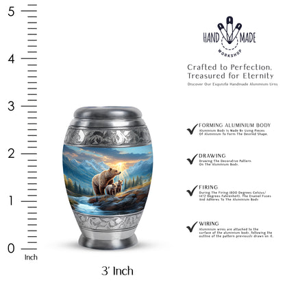 Twilight Blue Bear Cremation Urn lifestyle display on memorial shelf - royal bear engraving with decorative scrollwork - mini keepsake memorial for portion of cremation ashes