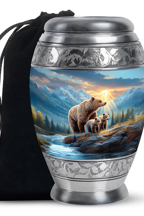 Vivid Blue Bear Cremation Urn back view with polished surface - majestic bear pattern with filigree border - full-size 10 inch 200 cubic inch adult cremation urn
