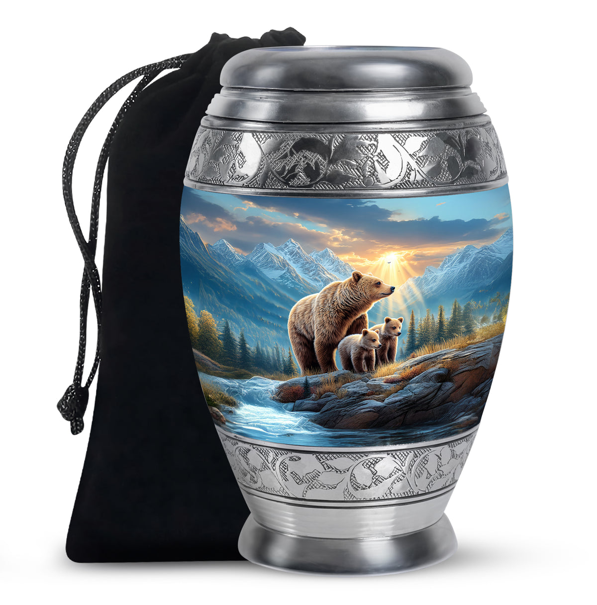 Vivid Blue Bear Cremation Urn back view with polished surface - majestic bear pattern with filigree border - full-size 10 inch 200 cubic inch adult cremation urn