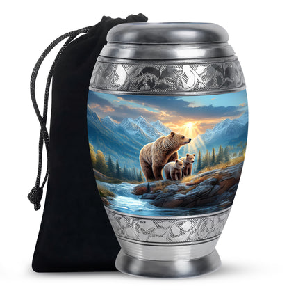 Vivid Blue Bear Cremation Urn back view with polished surface - majestic bear pattern with filigree border - full-size 10 inch 200 cubic inch adult cremation urn