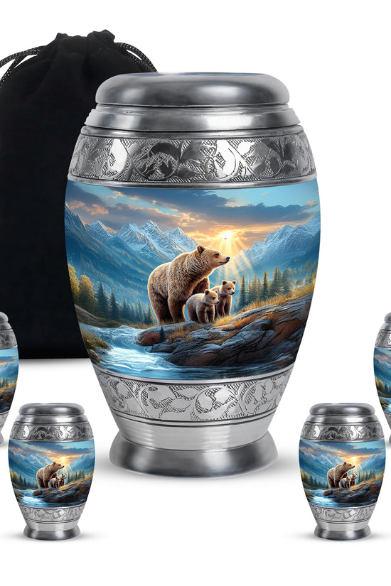 Serene Blue Bear Cremation Urn detail view - royal bear engraving with decorative scrollwork - memorial set with one large and four small urns