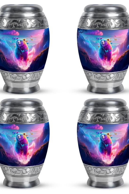 Navy Blue Bear Cremation Urn urn with complimentary velvet bag - ornate monarch-style bear relief on brushed aluminum - 10 inch aluminum urn for cremated remains