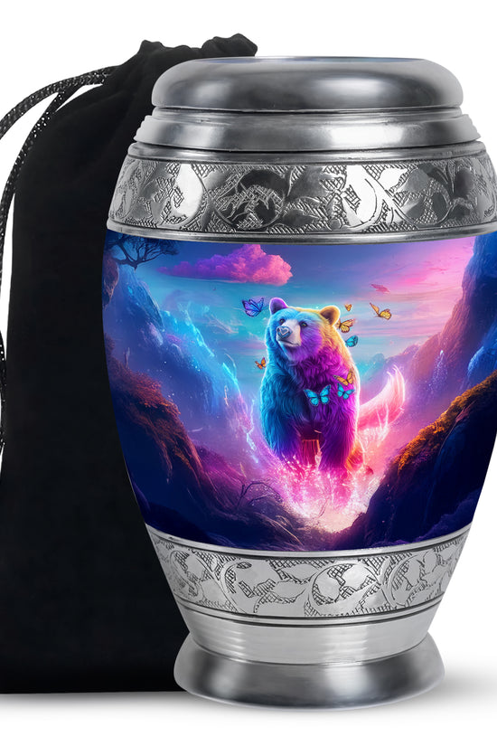 Cornflower Blue Bear Cremation Urn back view with polished surface - royal bear engraving with decorative scrollwork - full-size 10 inch 200 cubic inch adult cremation urn