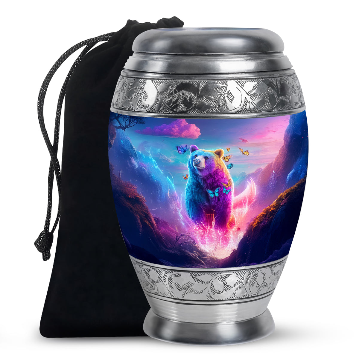 Cornflower Blue Bear Cremation Urn back view with polished surface - royal bear engraving with decorative scrollwork - full-size 10 inch 200 cubic inch adult cremation urn