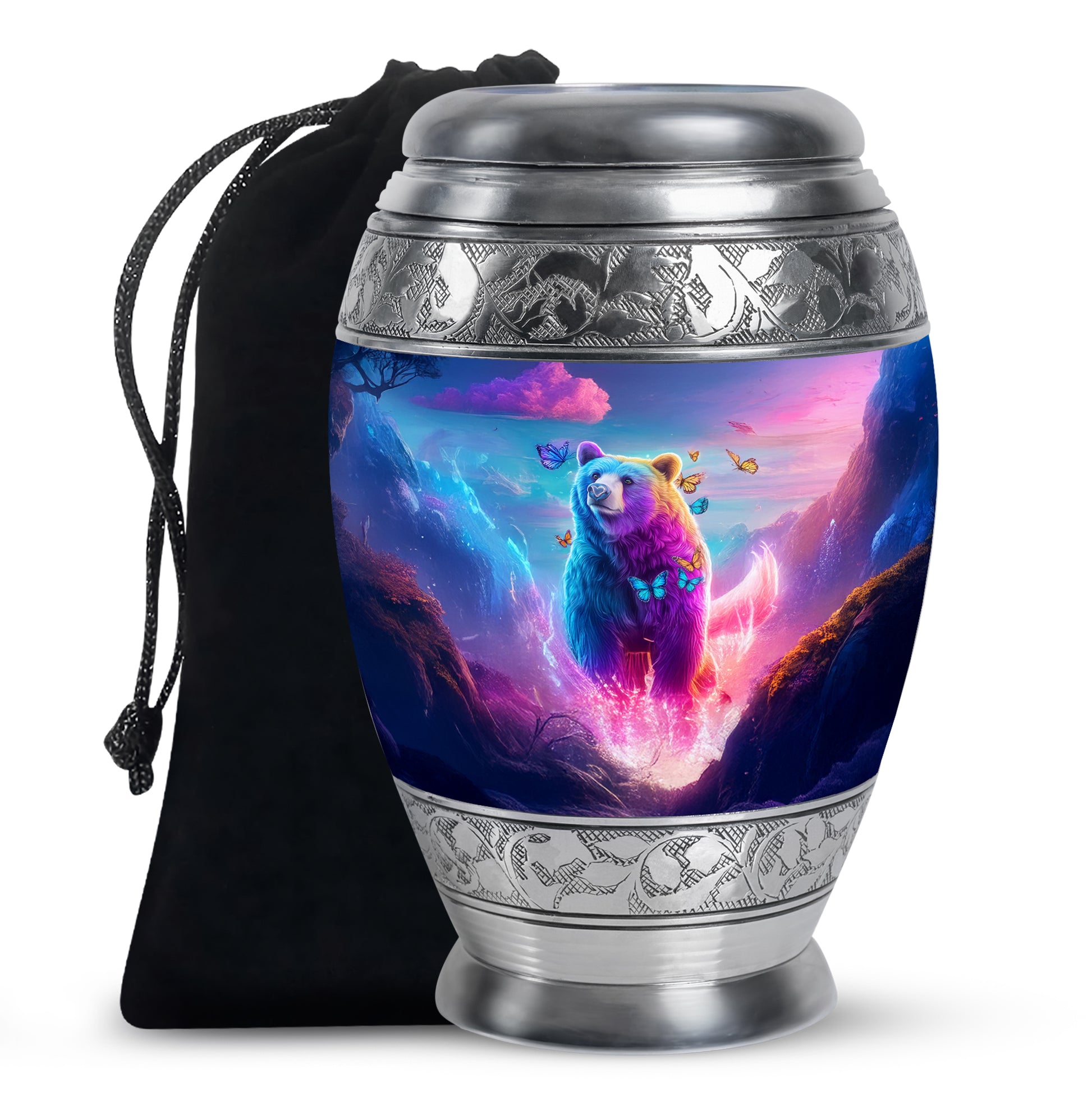 Cornflower Blue Bear Cremation Urn back view with polished surface - royal bear engraving with decorative scrollwork - full-size 10 inch 200 cubic inch adult cremation urn