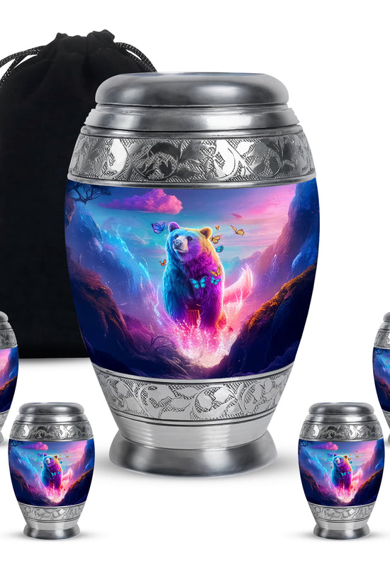 Slate Blue Bear Cremation Urn detail view - ornate monarch-style bear relief on brushed aluminum - memorial set with one large and four small urns