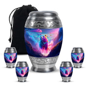 Slate Blue Bear Cremation Urn detail view - ornate monarch-style bear relief on brushed aluminum - memorial set with one large and four small urns