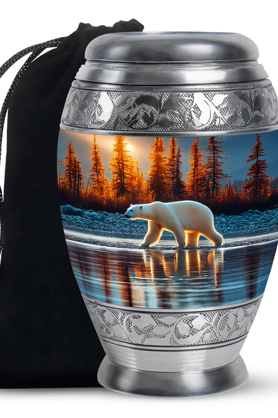Vivid Blue Bear Cremation Urn back view with polished surface - majestic bear pattern with filigree border - full-size 10 inch 200 cubic inch adult cremation urn