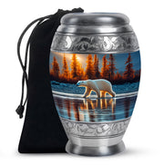 Vivid Blue Bear Cremation Urn back view with polished surface - majestic bear pattern with filigree border - full-size 10 inch 200 cubic inch adult cremation urn