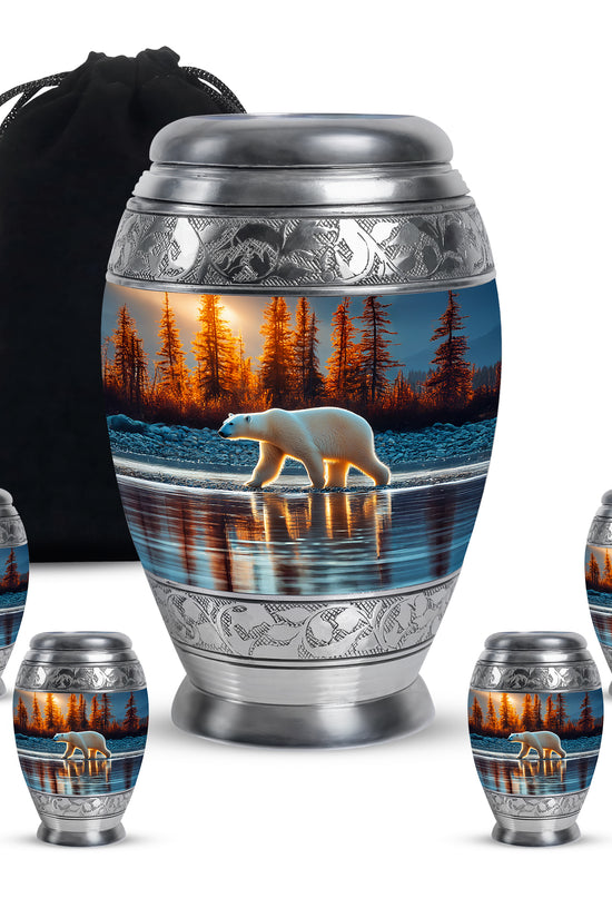 Twilight Blue Bear Cremation Urn detail view - royal bear engraving with decorative scrollwork - memorial set with one large and four small urns
