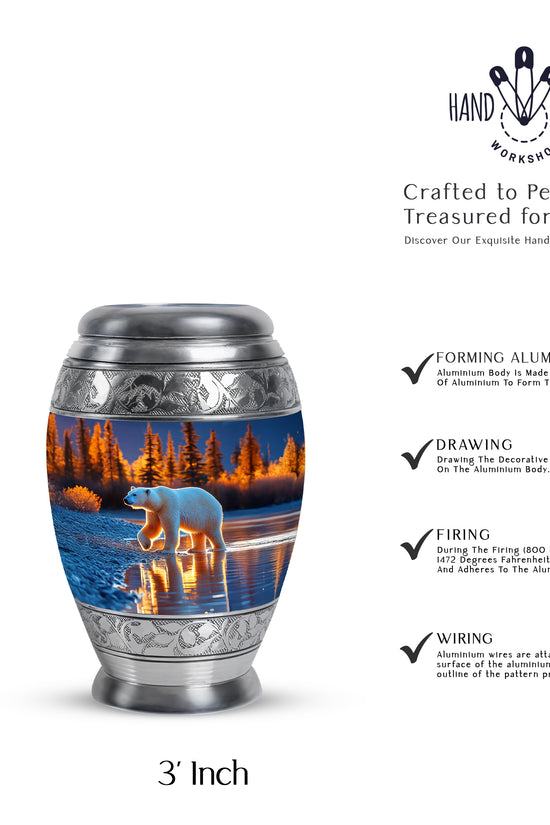 Royal Blue Bear Cremation Urn lifestyle display on memorial shelf - royal bear engraving with decorative scrollwork - mini keepsake memorial for portion of cremation ashes