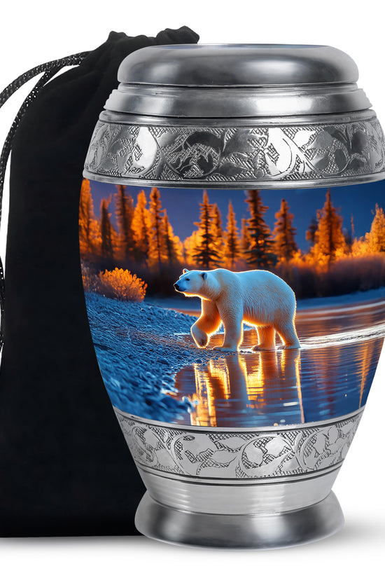 Powder Blue Bear Cremation Urn back view with polished surface - ornate monarch-style bear relief on brushed aluminum - full-size 10 inch 200 cubic inch adult cremation urn