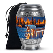 Powder Blue Bear Cremation Urn back view with polished surface - ornate monarch-style bear relief on brushed aluminum - full-size 10 inch 200 cubic inch adult cremation urn