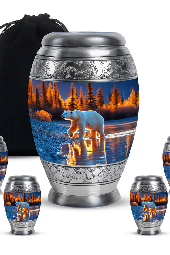 Vivid Blue Bear Cremation Urn detail view - royal bear engraving with decorative scrollwork - memorial set with one large and four small urns