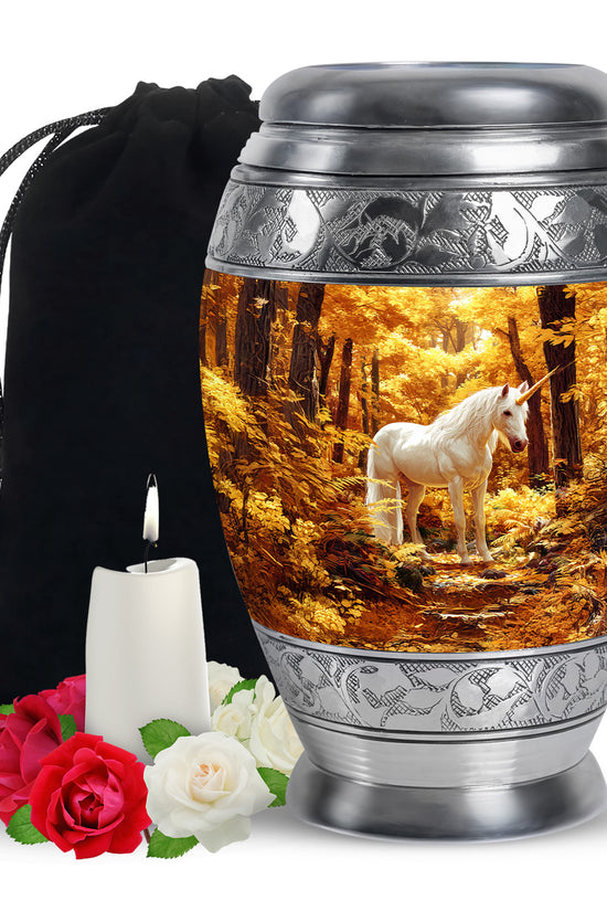 White Unicorn Cremation Urn - Autumn Forest Urn For Human Ashes