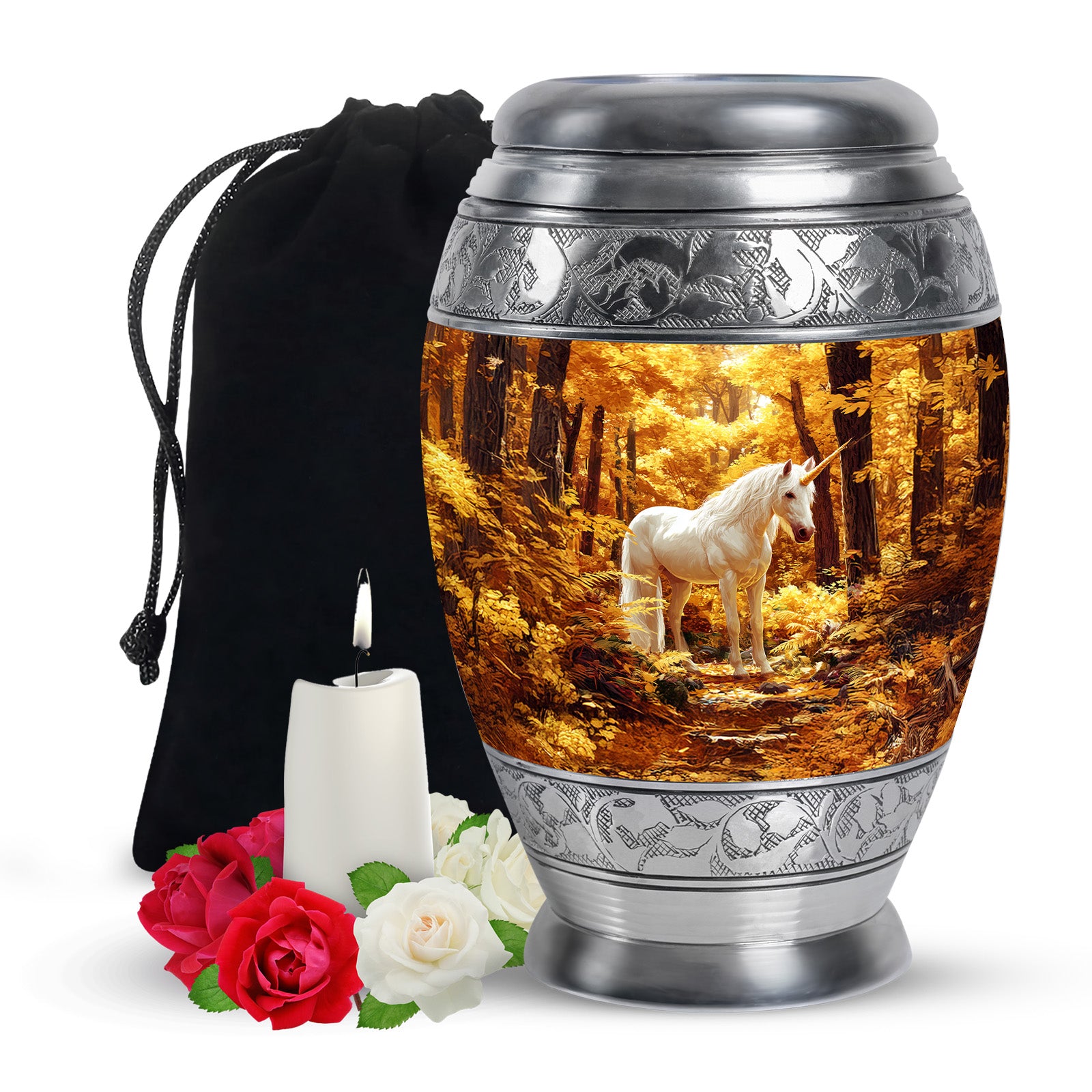 White Unicorn Cremation Urn - Autumn Forest Urn For Human Ashes
