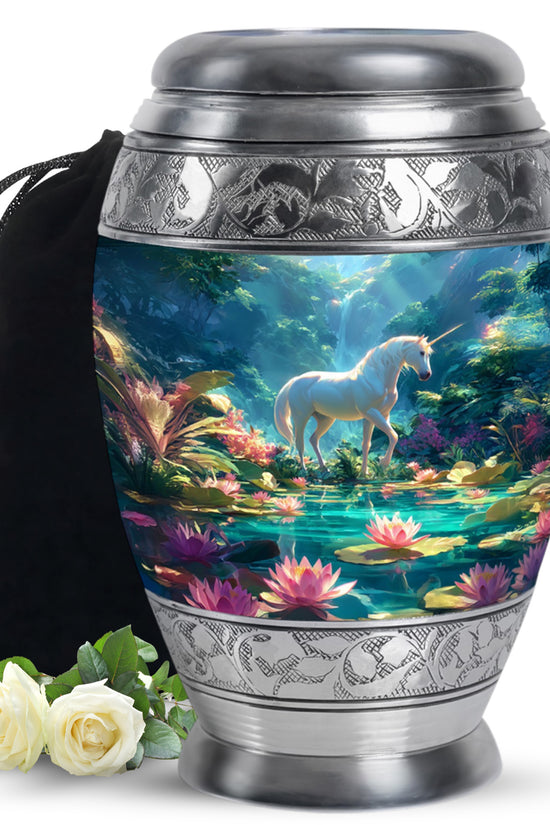 White Unicorn Theme Memorial Urn - Large Funeral Urn For Loved Ones