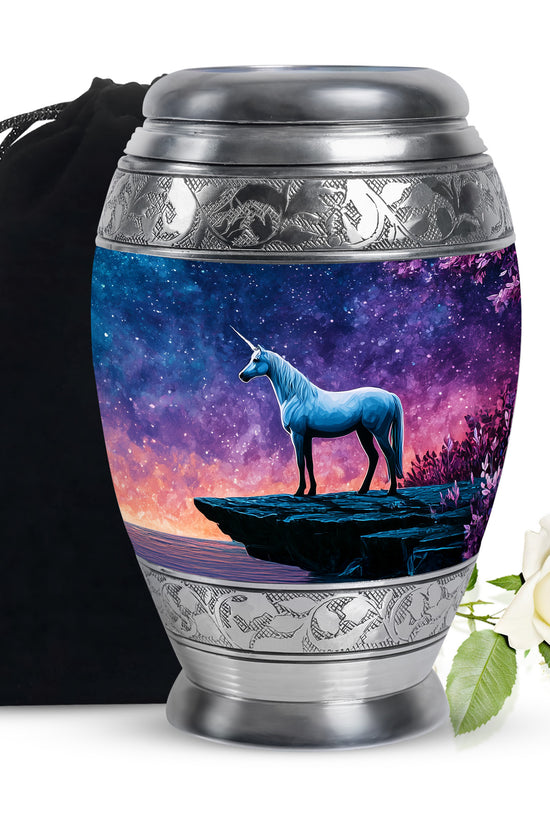 White Unicorn Cremation Urn - Night Sky Memorial Urn For Adults
