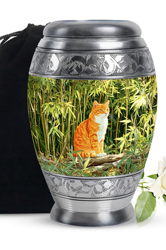 Orange Cat Cremation Urn - Nature Bamboo Design Memorial Urn For Cat Ashes