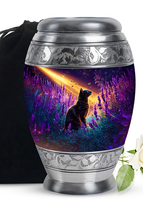 Black Cat Memorial Urn - Lavender Field Cremation Urn For Pet Ashes