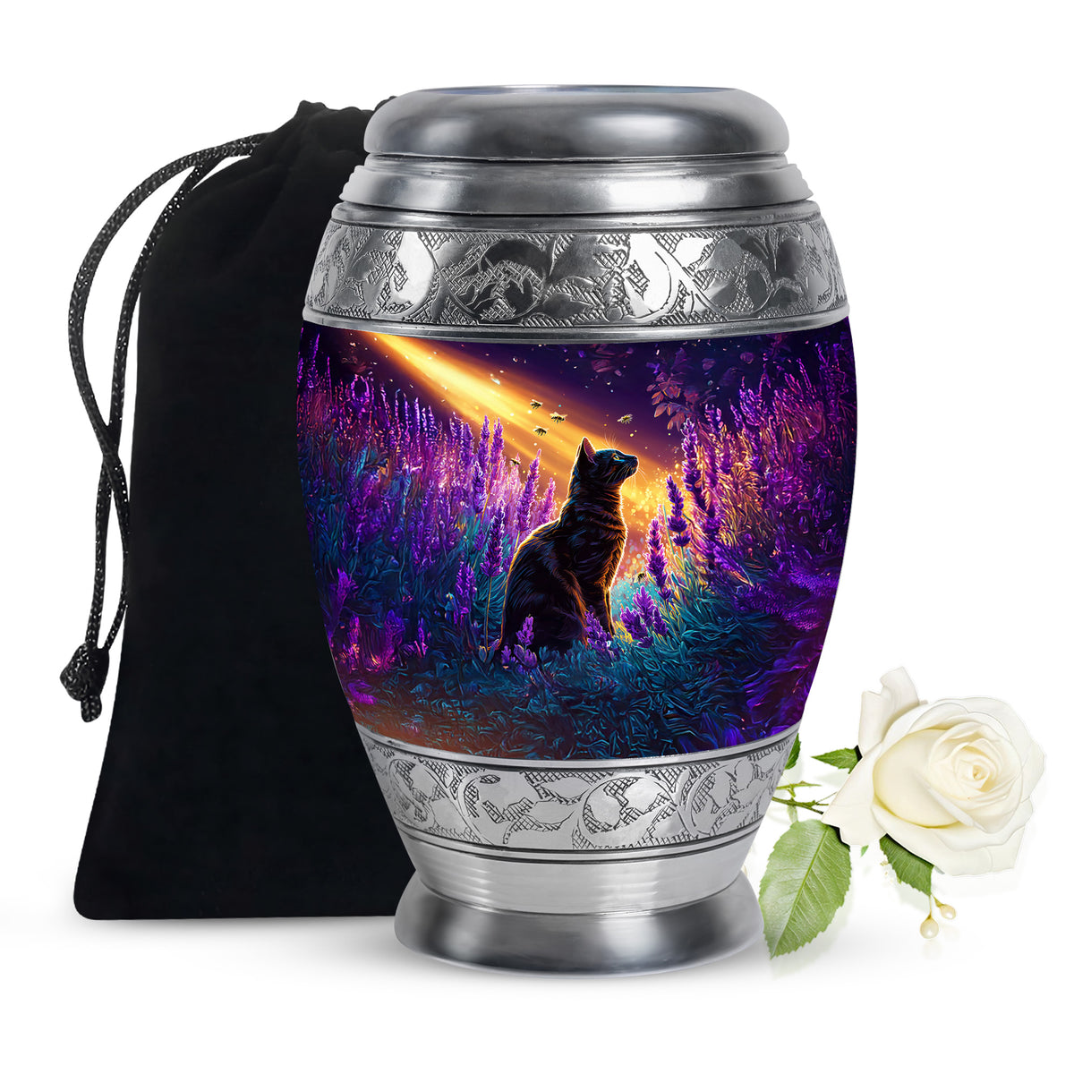 Black Cat Memorial Urn - Lavender Field Cremation Urn For Pet Ashes