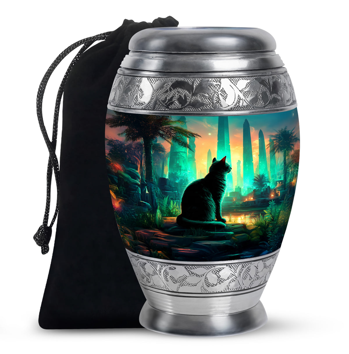 Mystic Cat Temple Funeral Urn - Decorative Aluminium Urn For Cat Ashes