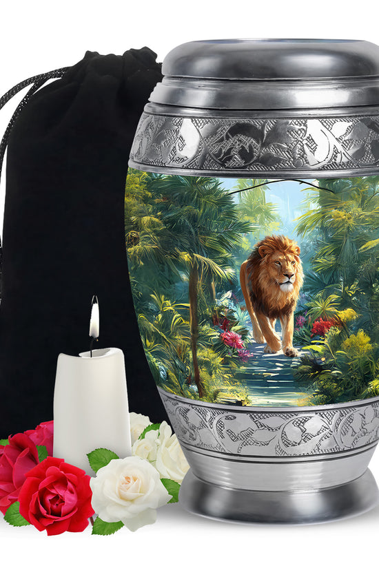Jungle Lion Memorial Urn - Tropical Forest Cremation Urn For Dad