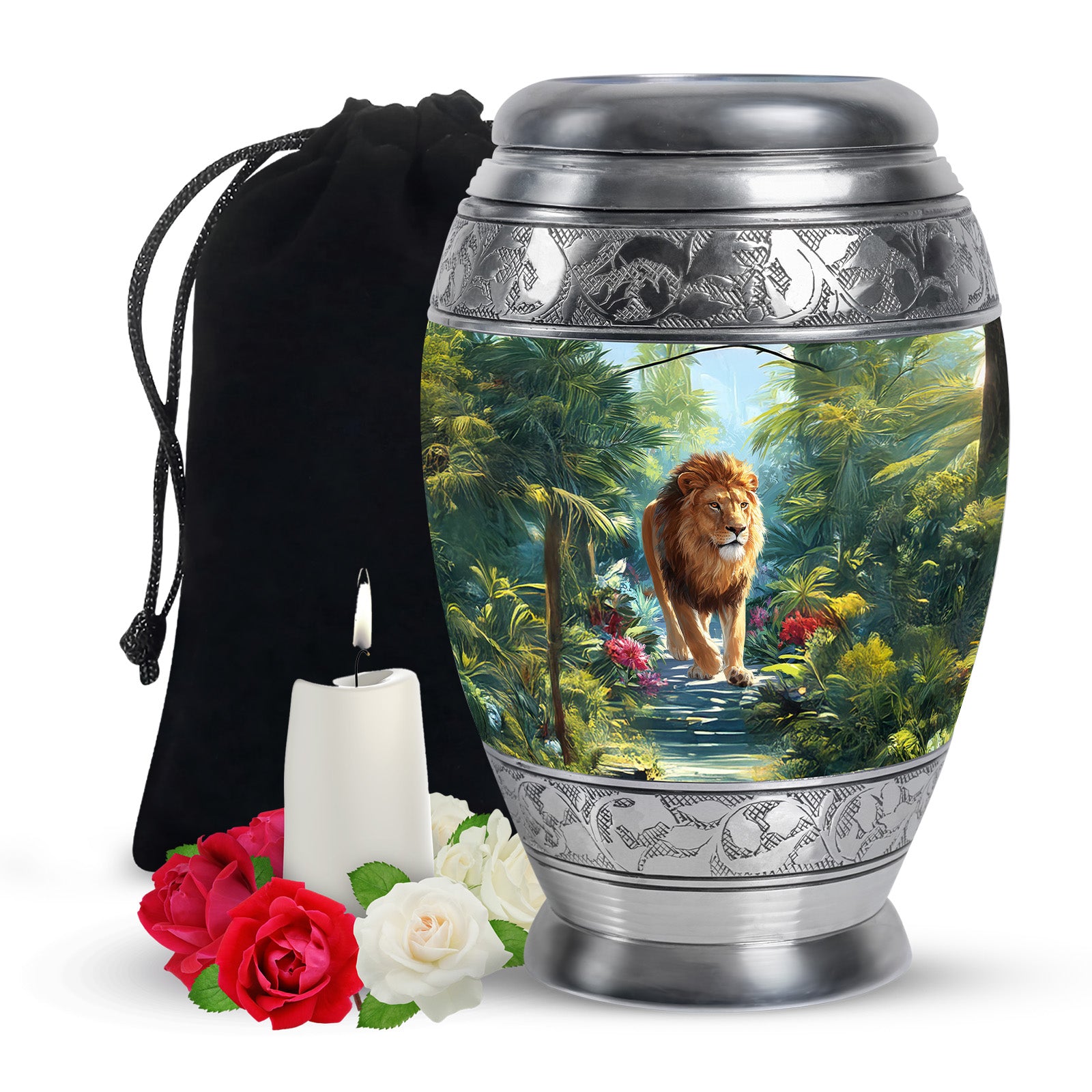 Jungle Lion Memorial Urn - Tropical Forest Cremation Urn For Dad