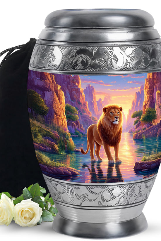 Lion Sunset Funeral Urn - Purple Aluminium Cremation Urn For Human Ashes