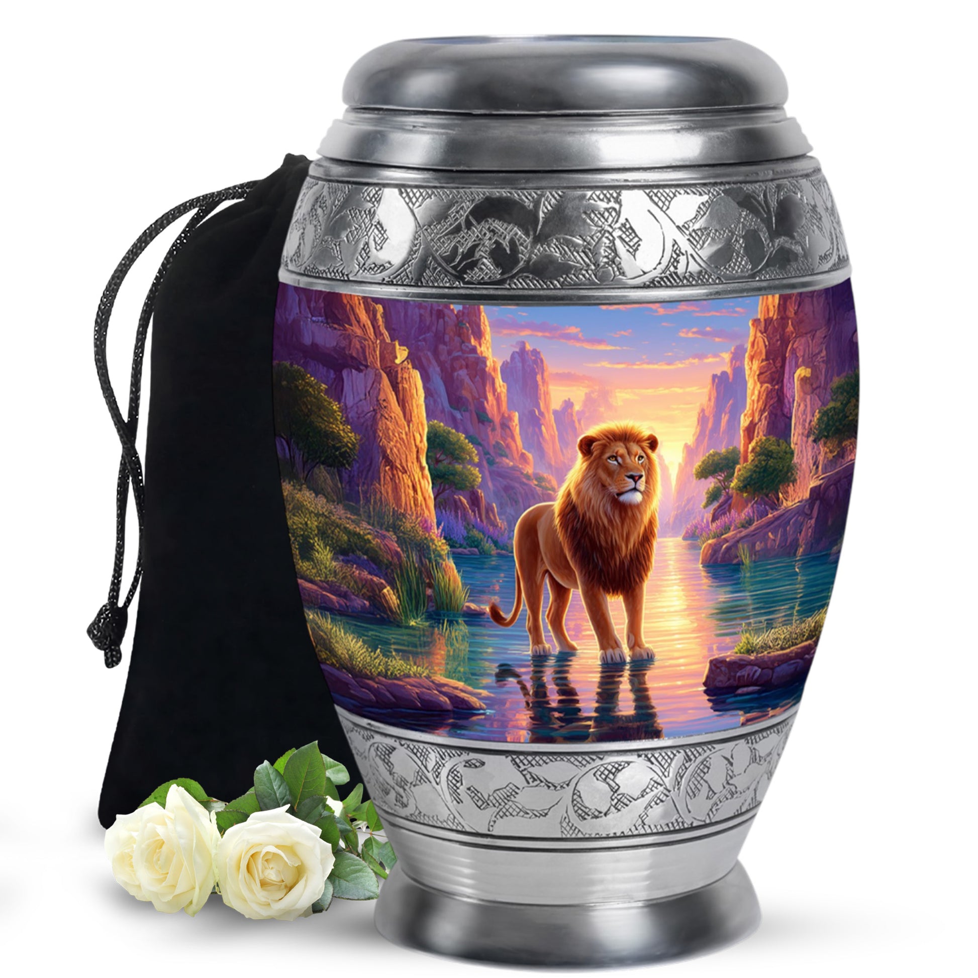 Lion Sunset Funeral Urn - Purple Aluminium Cremation Urn For Human Ashes