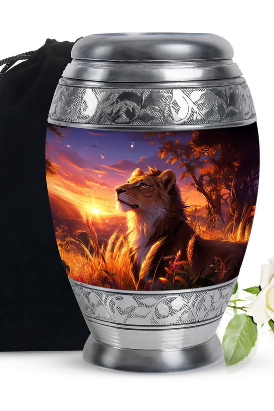 Lion Themed Memorial Urn - Sunset Tribute Memorial Urn For Human Ashes