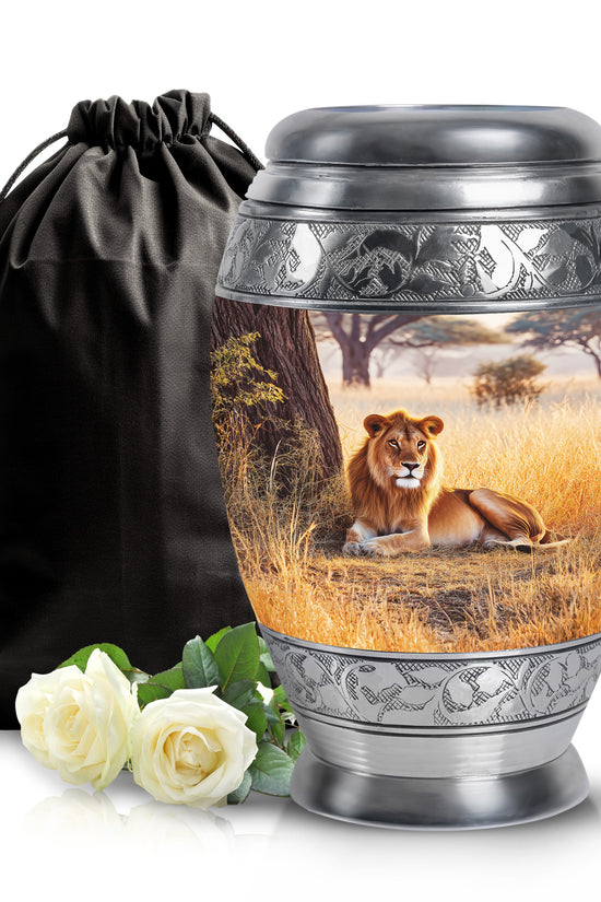 Forest Lion Cremation Urn - Aluminium Memorial Urn For Burial