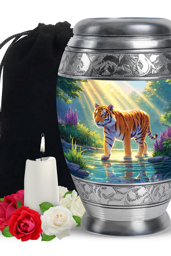 Majestic Tiger Cremation Urn - Wildlife River Scene Memorial Urn For Adult Ashes