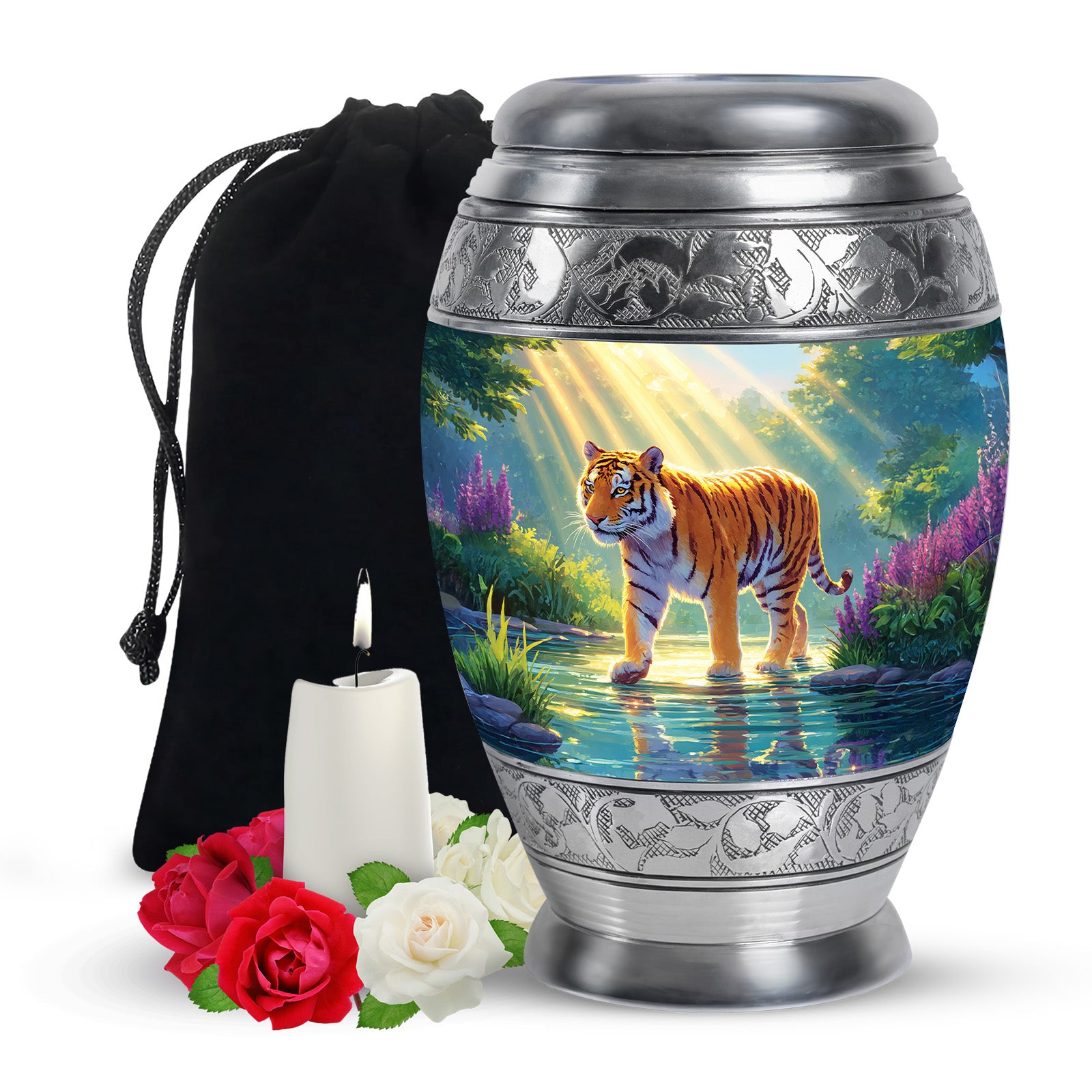 Majestic Tiger Cremation Urn - Wildlife River Scene Memorial Urn For Adult Ashes