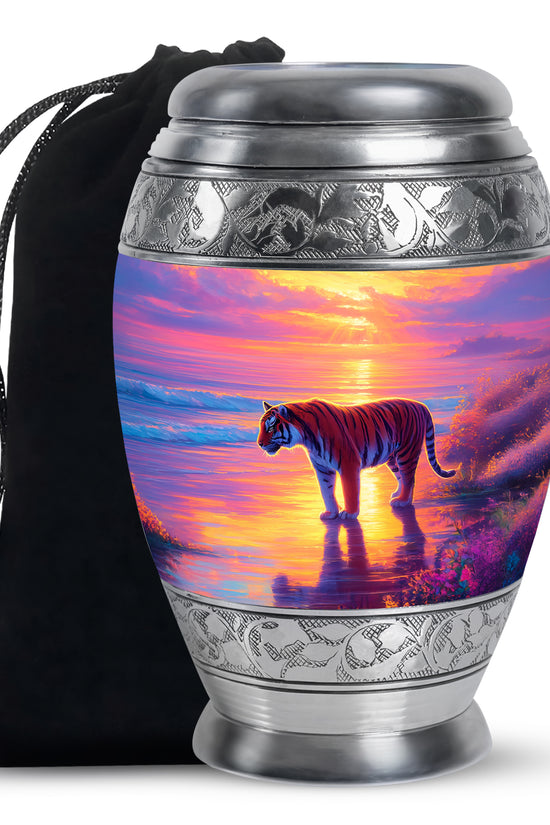 Tiger Themed Memorial Urn - Sunset Scene Cremation Urn For Adult Ashes