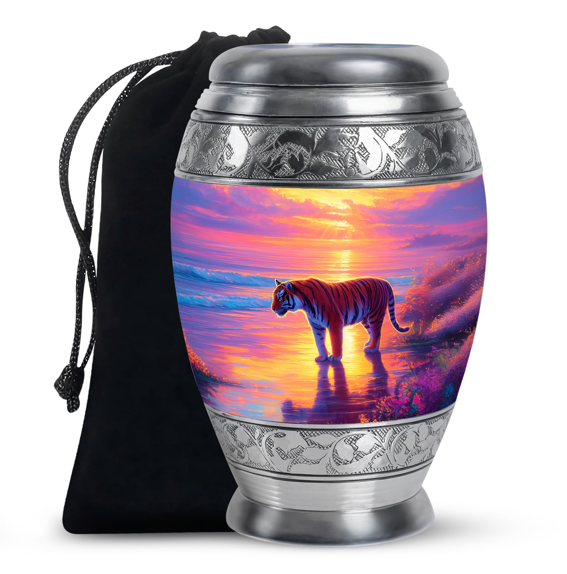 Tiger Themed Memorial Urn - Sunset Scene Cremation Urn For Adult Ashes