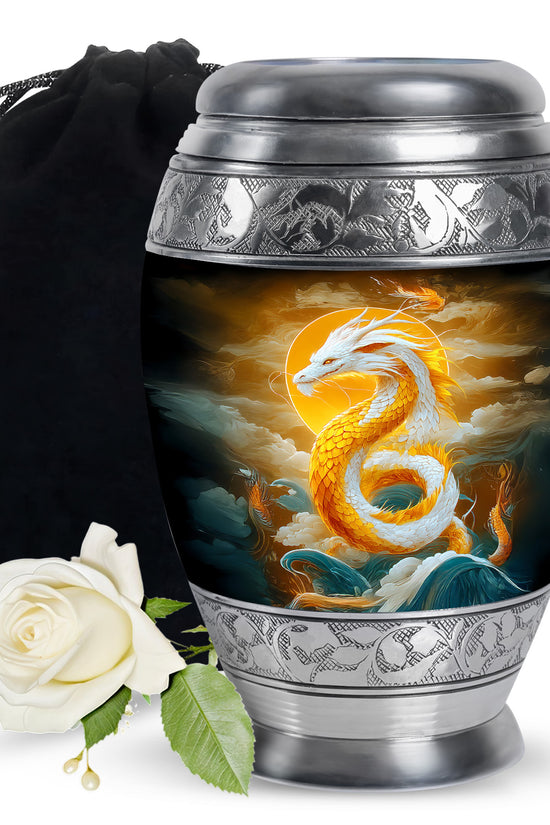 White Gold Dragon Cremation Urn - Aluminium Funeral Urn For Ashes