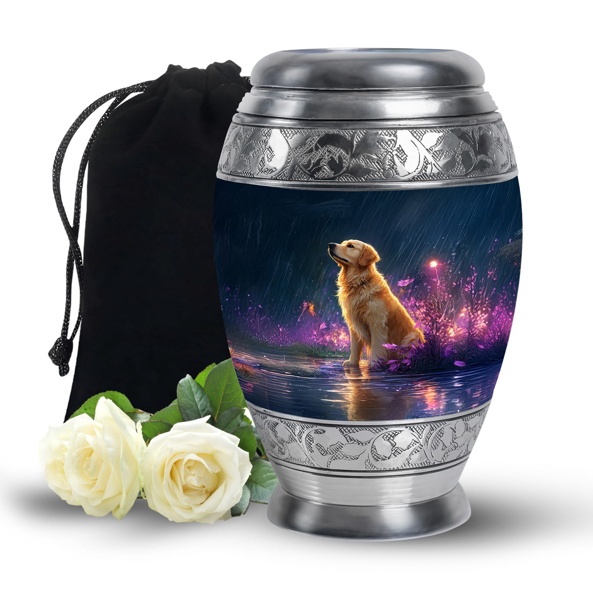 Golden Retriever Memorial Urn - Glowing Flowers Cremation Urn For Pet Dog