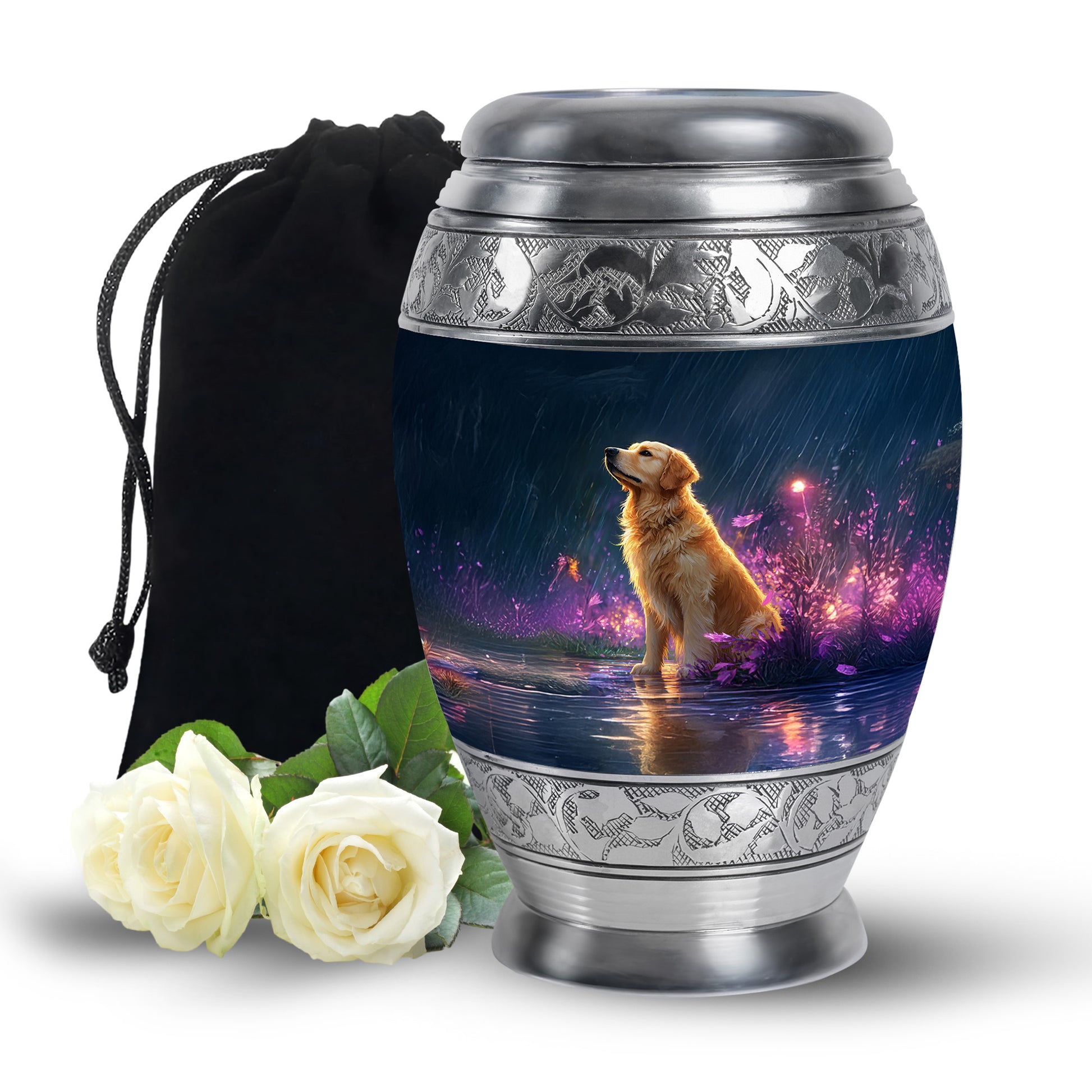 Golden Retriever Memorial Urn - Glowing Flowers Cremation Urn For Pet Dog
