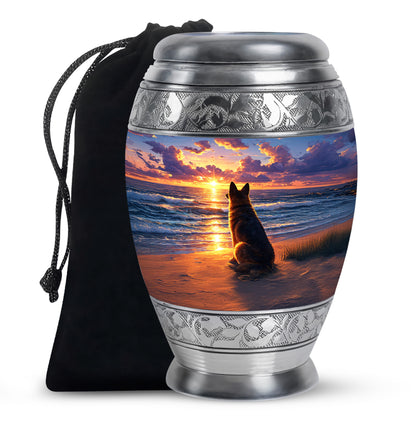 German Shepherd Tribute Funeral Urn - Ocean Sunset Memorial For Dog Ashes