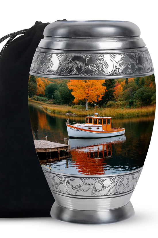 Boat Scenic Cremation Urn - Autumn Lake Memorial Urn For Ashes