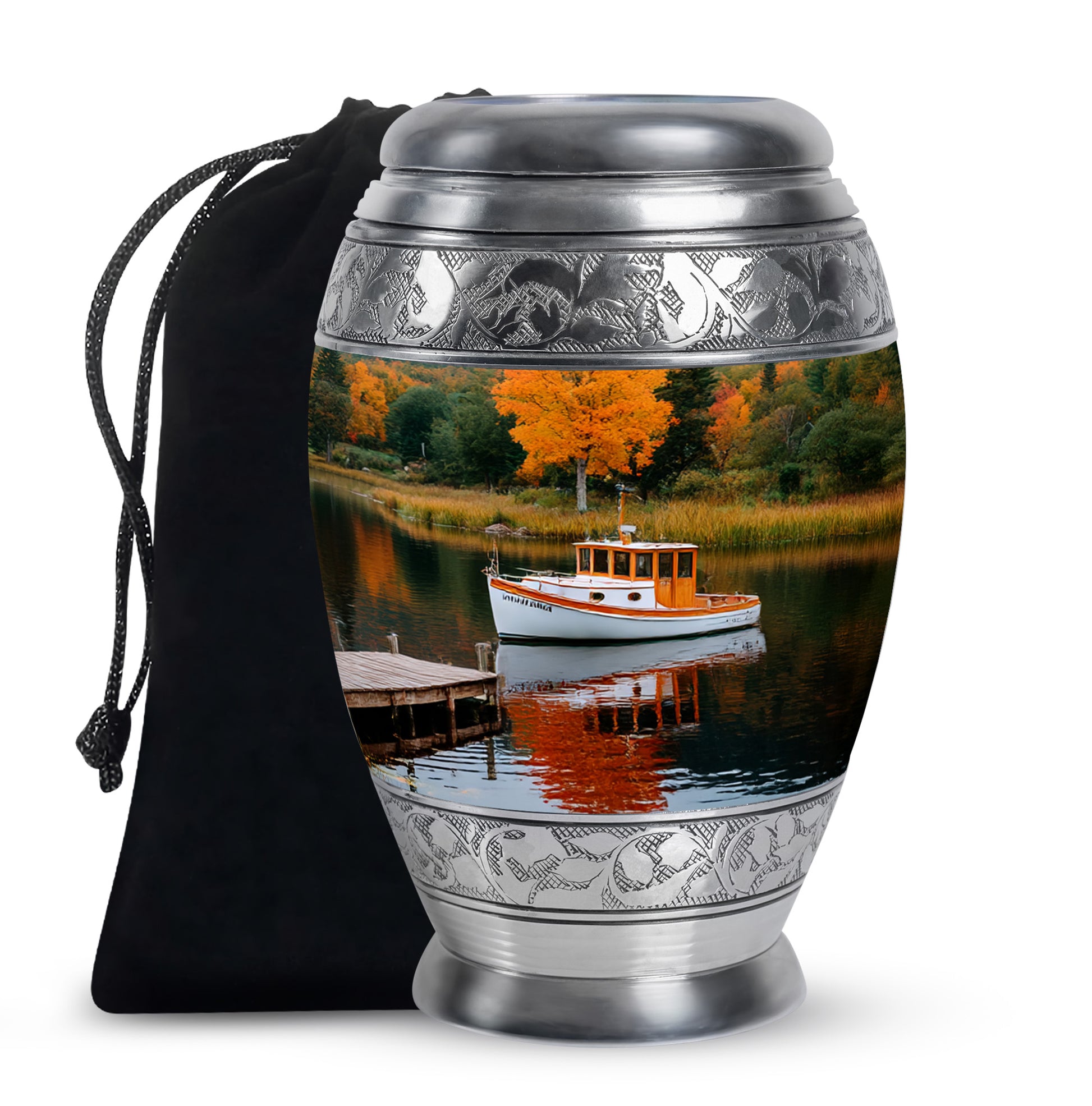 Boat Scenic Cremation Urn - Autumn Lake Memorial Urn For Ashes