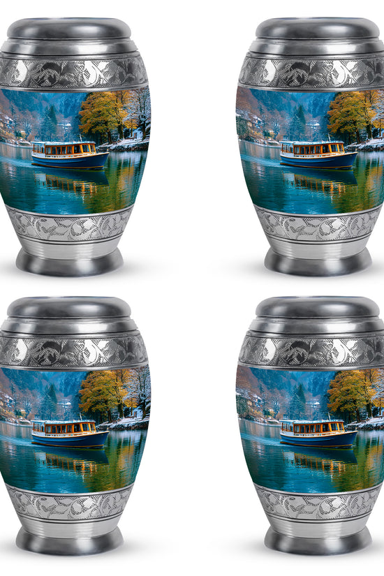Calming Blue Boat Cremation Urn urn with complimentary velvet bag - royal boat engraving with decorative scrollwork - 10 inch aluminum urn for cremated remains