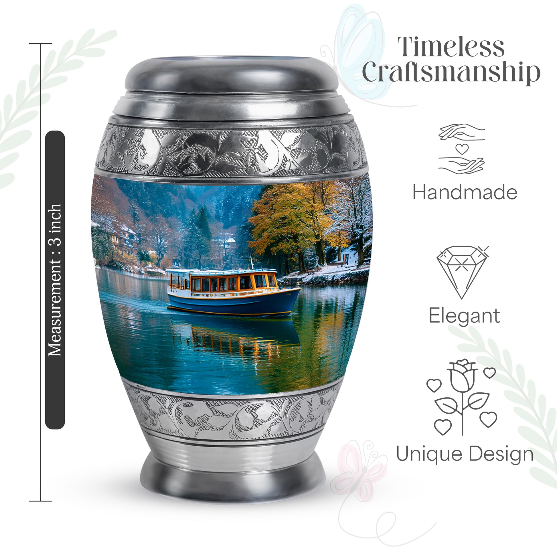 Steel Blue Boat Cremation Urn lifestyle display on memorial shelf - majestic boat pattern with filigree border - mini keepsake memorial for portion of cremation ashes