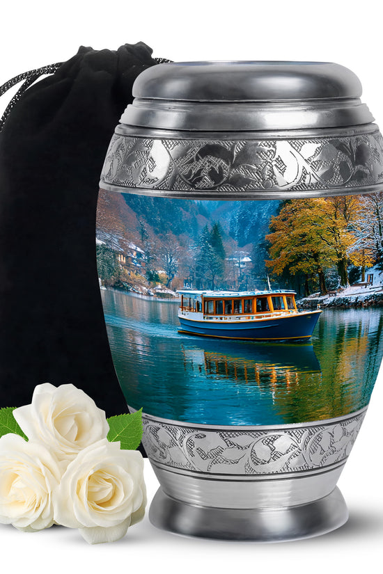 Royal Blue Boat Cremation Urn back view with polished surface - majestic boat pattern with filigree border - full-size 10 inch 200 cubic inch adult cremation urn