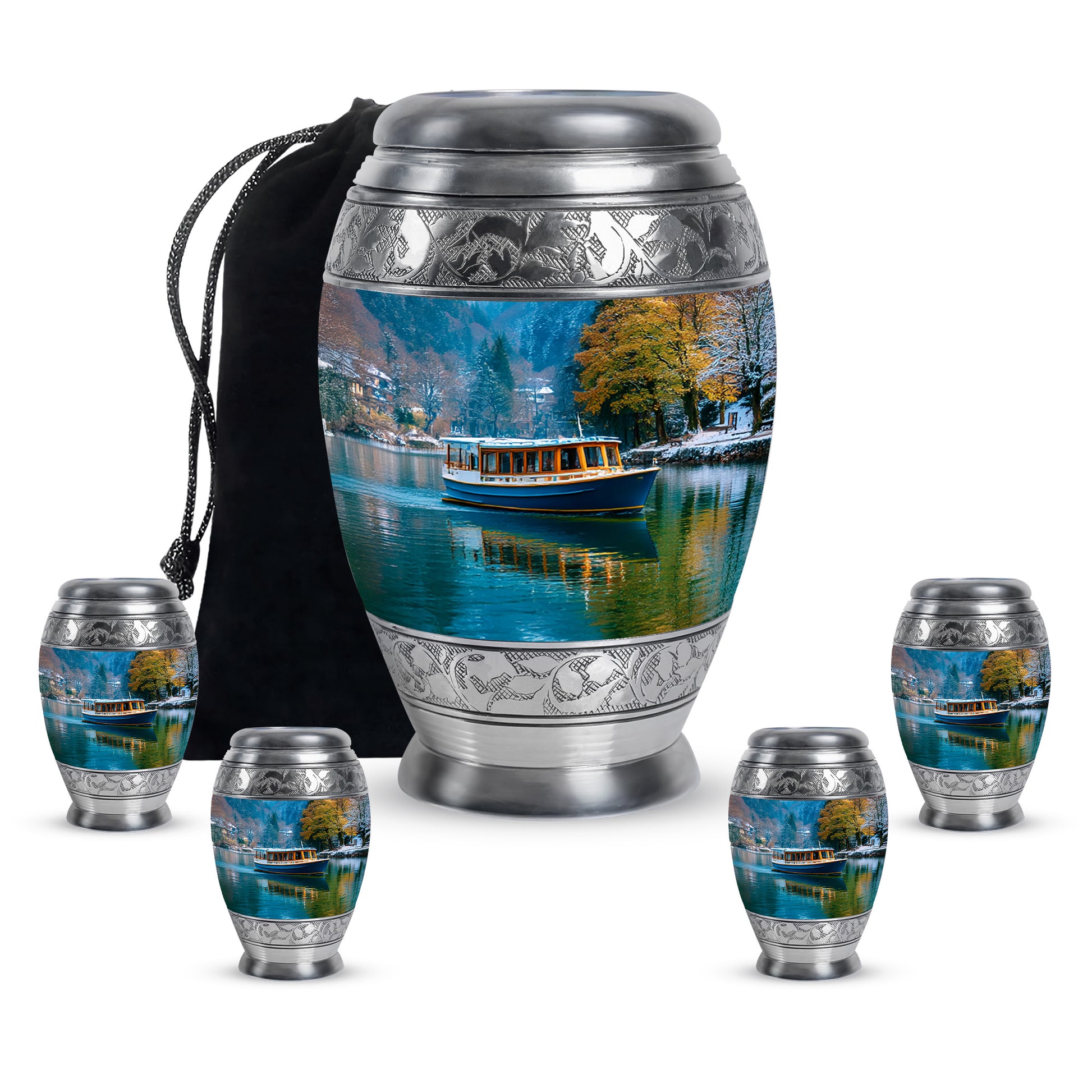 Sky Blue Boat Cremation Urn detail view - ornate monarch-style boat relief on brushed aluminum - memorial set with one large and four small urns