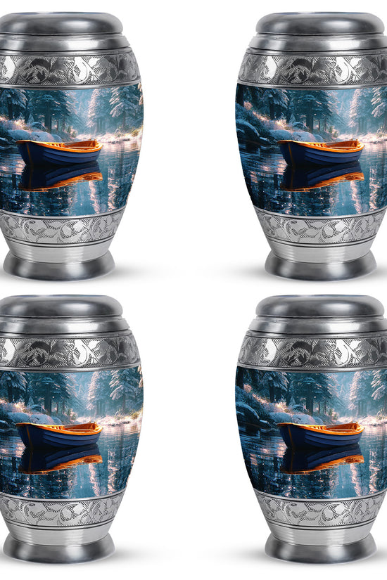 Mystic Teal Boat Cremation Urn urn with complimentary velvet bag - majestic boat pattern with filigree border - 10 inch aluminum urn for cremated remains