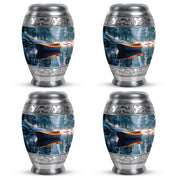 Mystic Teal Boat Cremation Urn urn with complimentary velvet bag - majestic boat pattern with filigree border - 10 inch aluminum urn for cremated remains