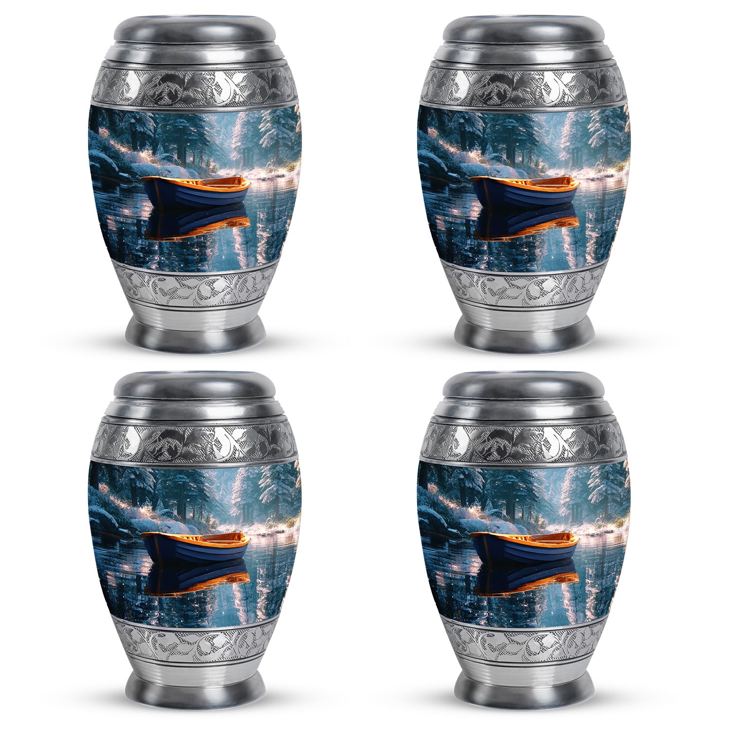 Mystic Teal Boat Cremation Urn urn with complimentary velvet bag - majestic boat pattern with filigree border - 10 inch aluminum urn for cremated remains